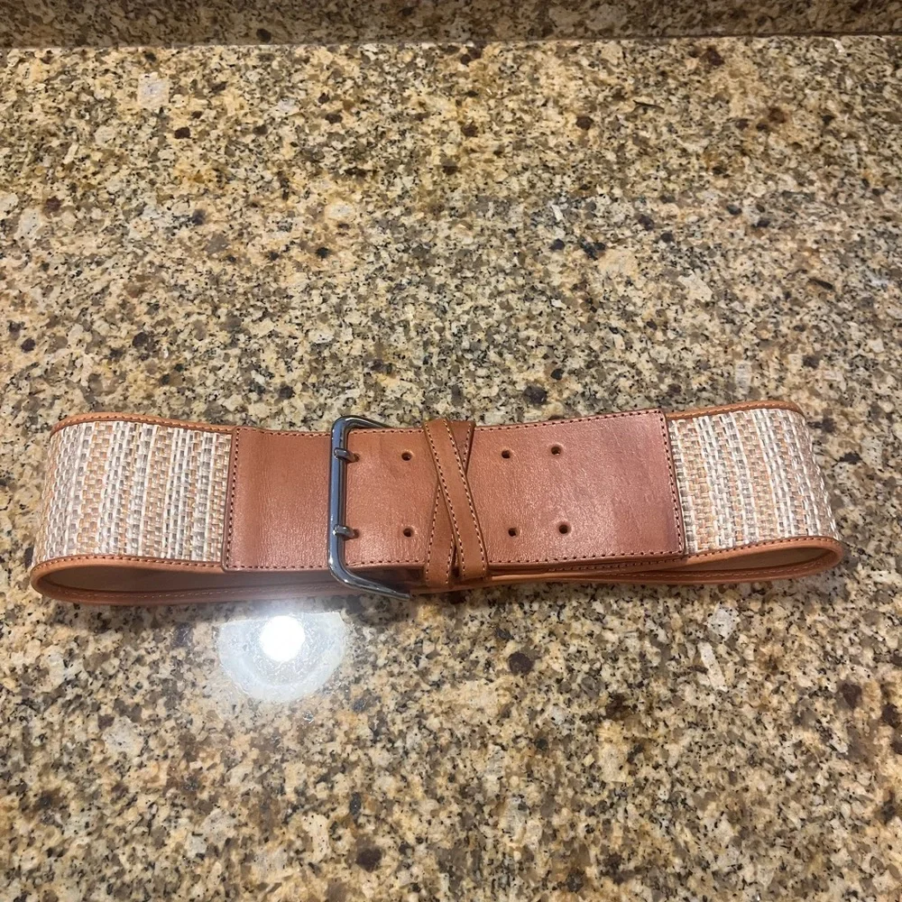 3” Wide Light Tan Leather and Woven Women’s Belt M VGUC - Picture 1 of 9